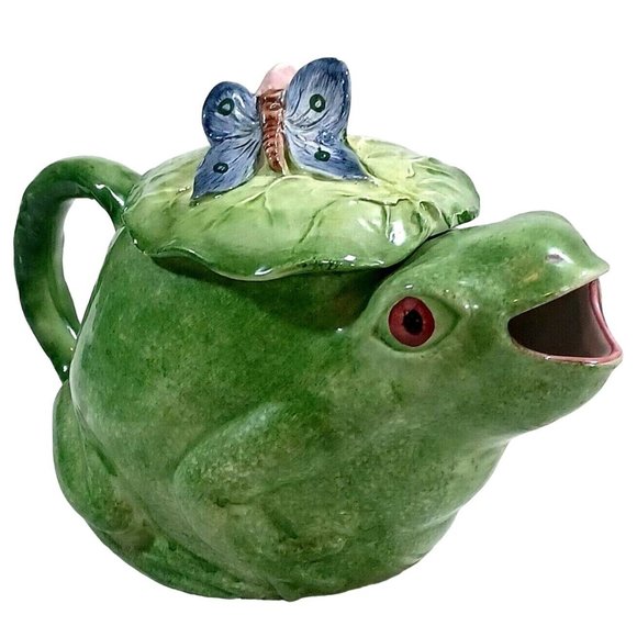 Vintage Signed Majolica Pottery Frog  Butterfly Capodimonte Teapot Made … - Picture 2 of 12